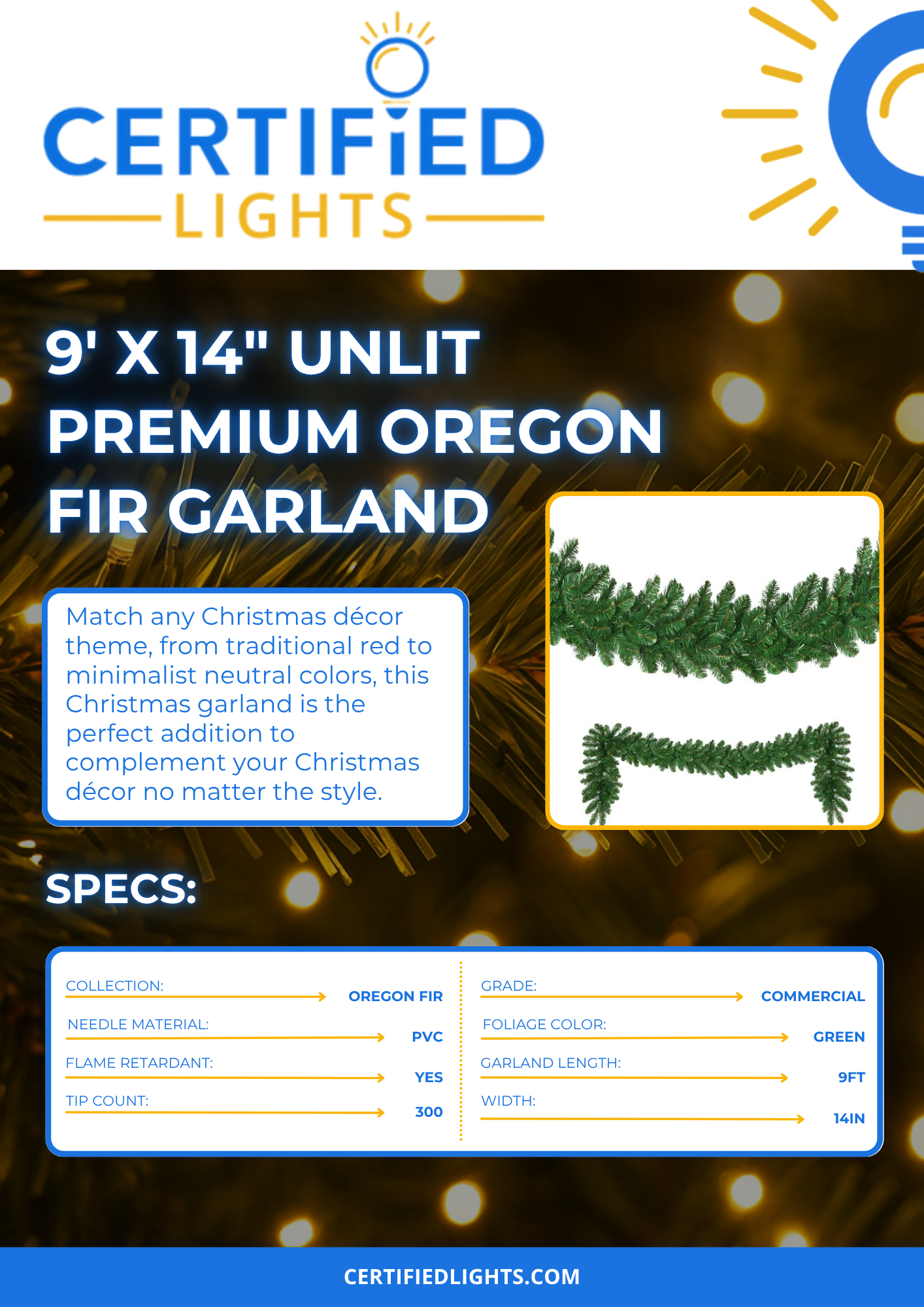 9' x 14" Unlit Premium Oregon Fir Garland