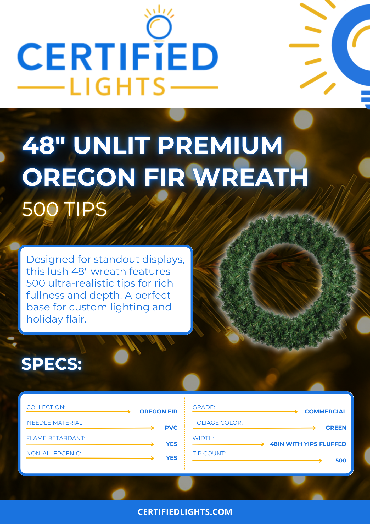 48" Unlit Premium Oregon Fir Wreath, 500 Tips