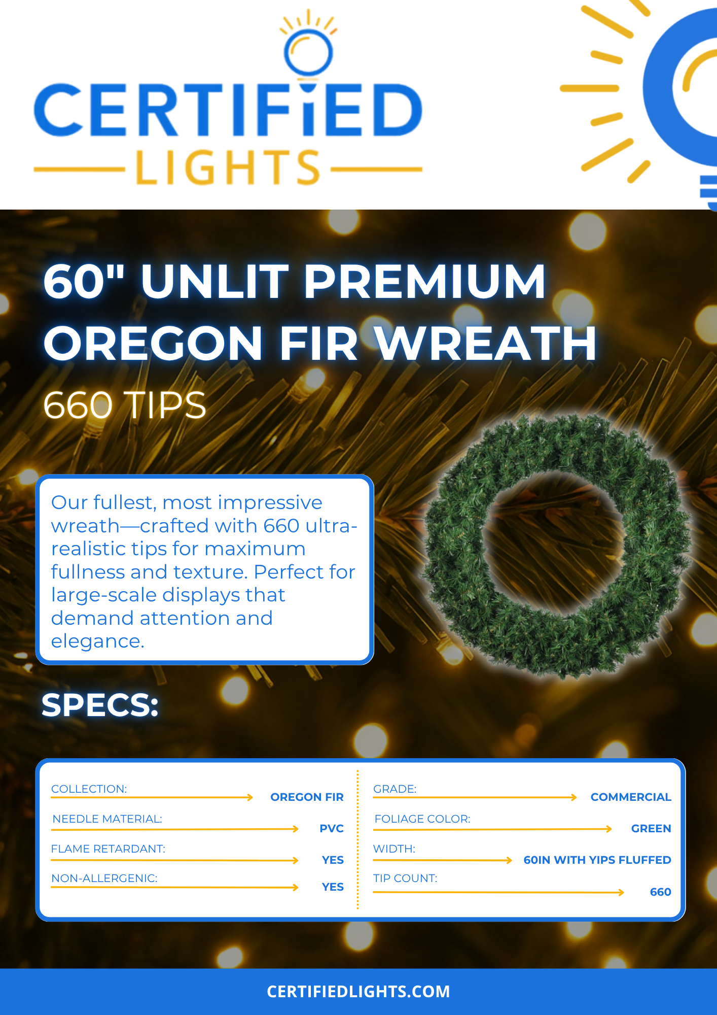 60" Unlit Premium Oregon Fir Wreath, 660 Tips