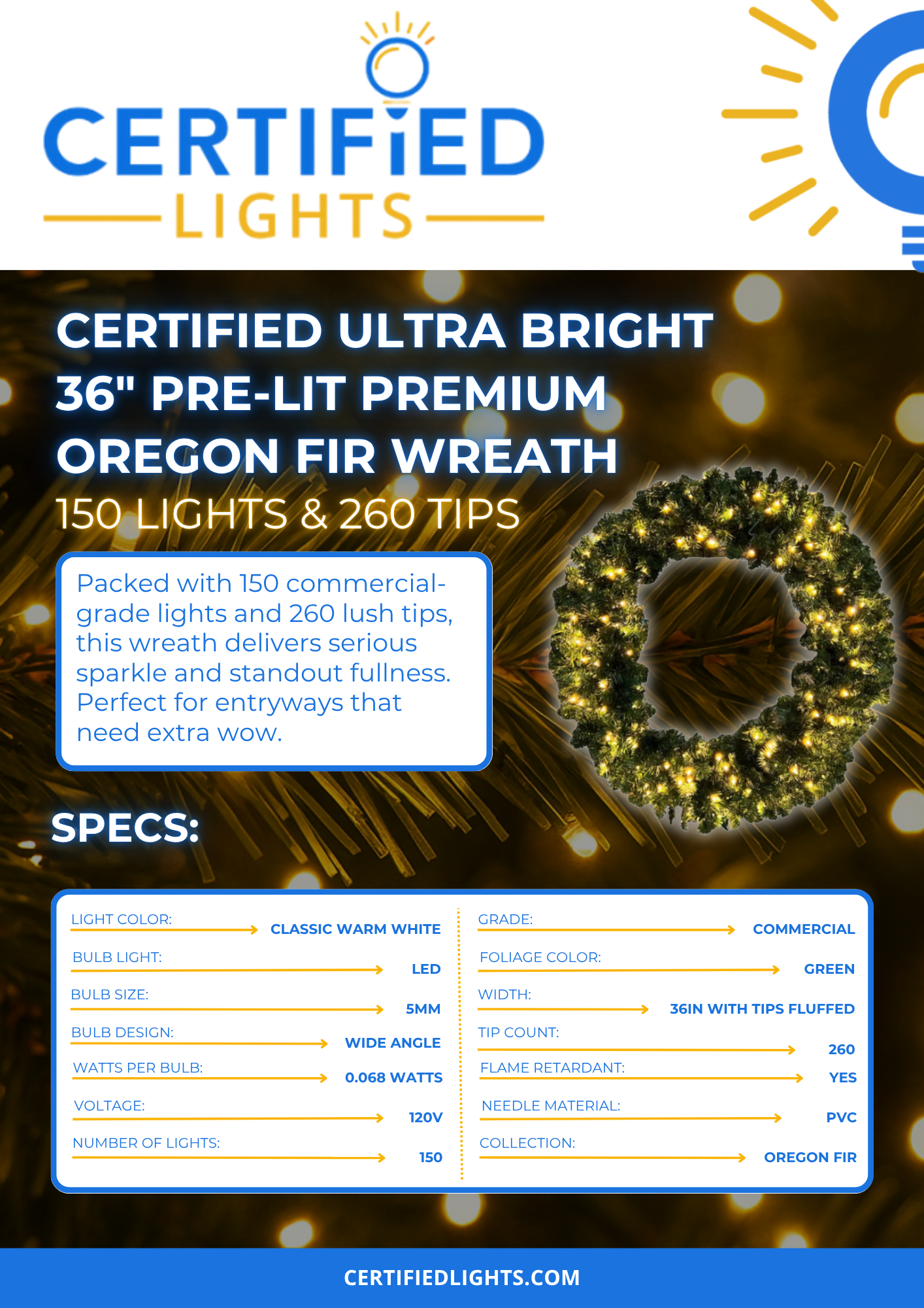 Certified Ultra Bright 36" Pre-Lit Premium Oregon Fir Wreath, 150 Lights & 260 Tips