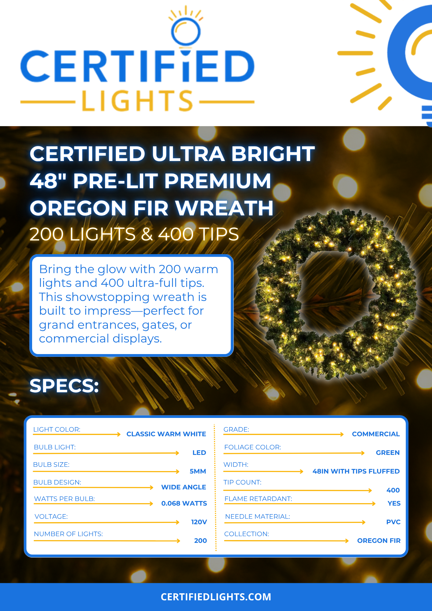 Certified Ultra Bright 48" Pre-Lit Premium Oregon Fir Wreath, 200 Lights & 400 Tips