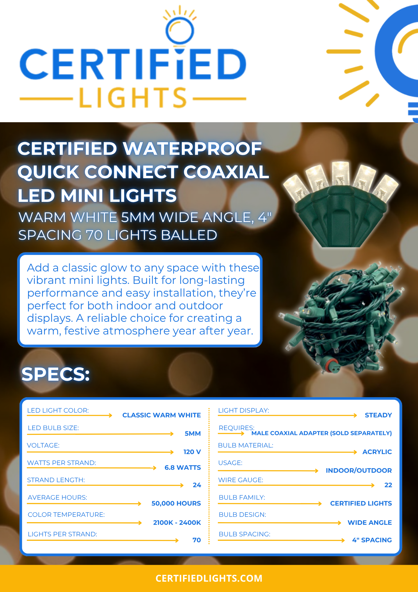 70L Certified Waterproof Quick Connect Coaxial LED Mini Lights - 5mm Wide Angle, 4" Spacing