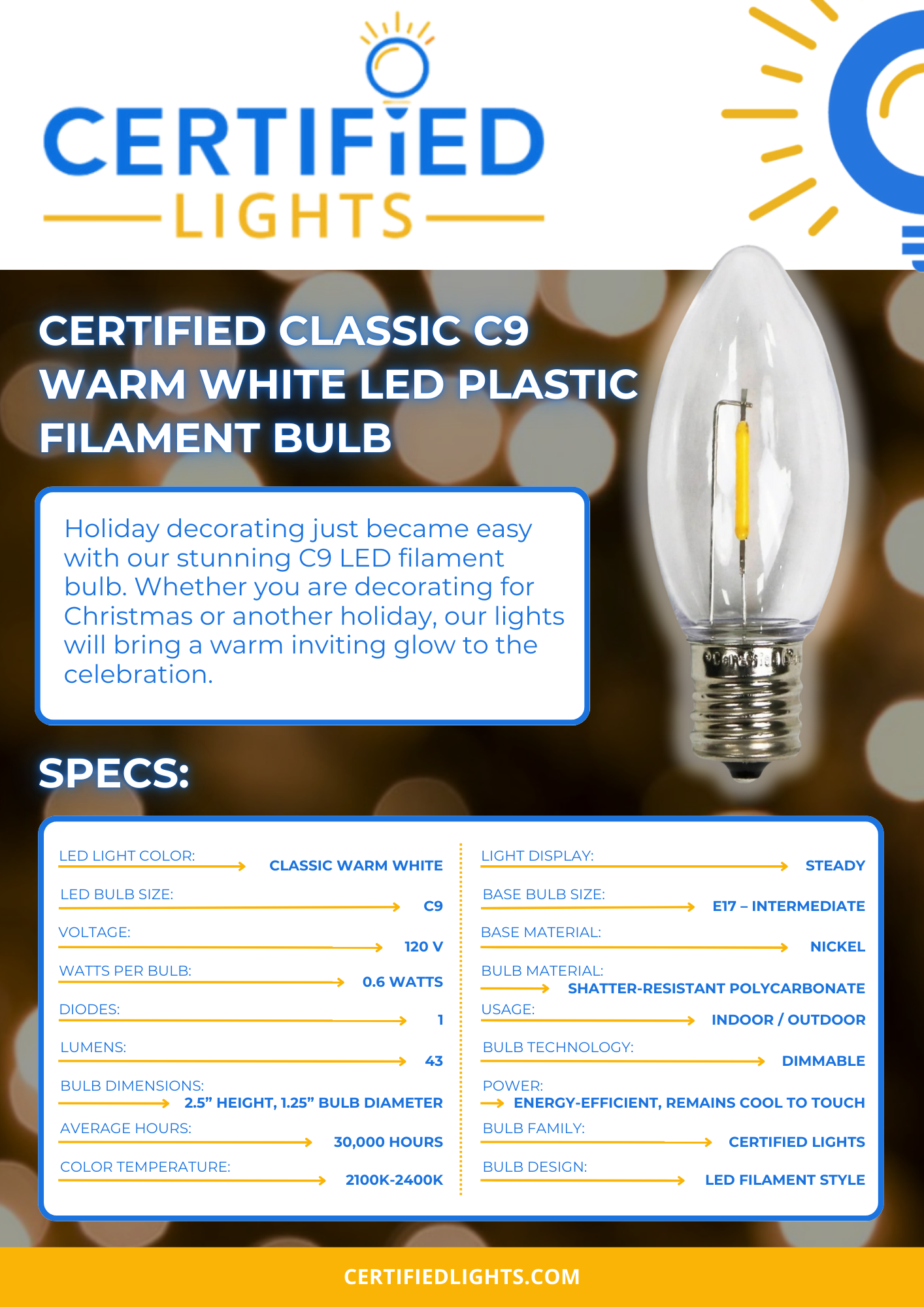 Certified Classic C9 LED Plastic Filament Bulbs, Shatterproof