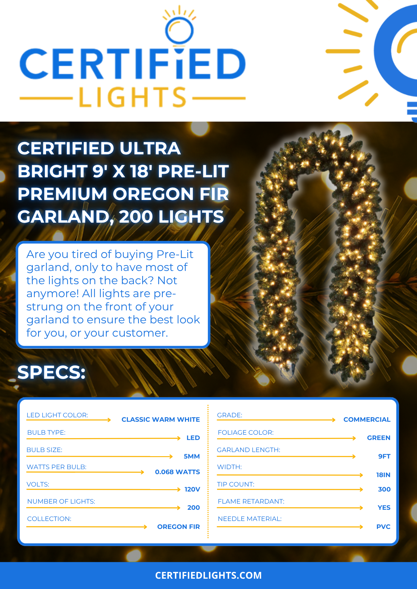 Certified Ultra Bright 9' x 18" Pre-Lit Premium Oregon Fir Garland, 200 Lights