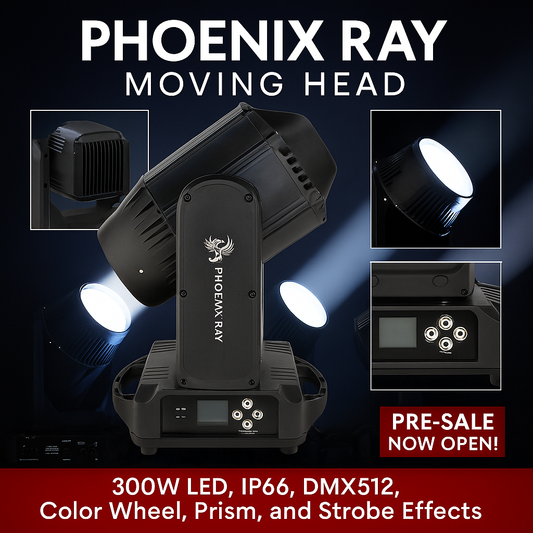 Phoenix Ray Moving Head – 300W LED, IP66, DMX512, Color Wheel, Prism, and Strobe Effects