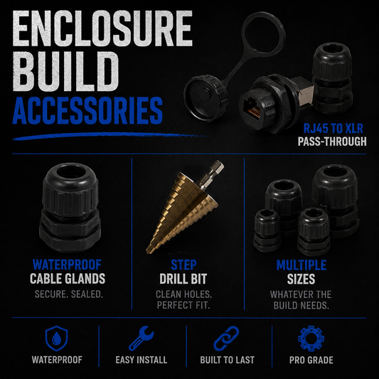 Mattos Designs Enclosure Build Accessories – Waterproof Cable Glands, Step Drill Bit, and RJ45 to XLR Pass-Through for Seamless Installation