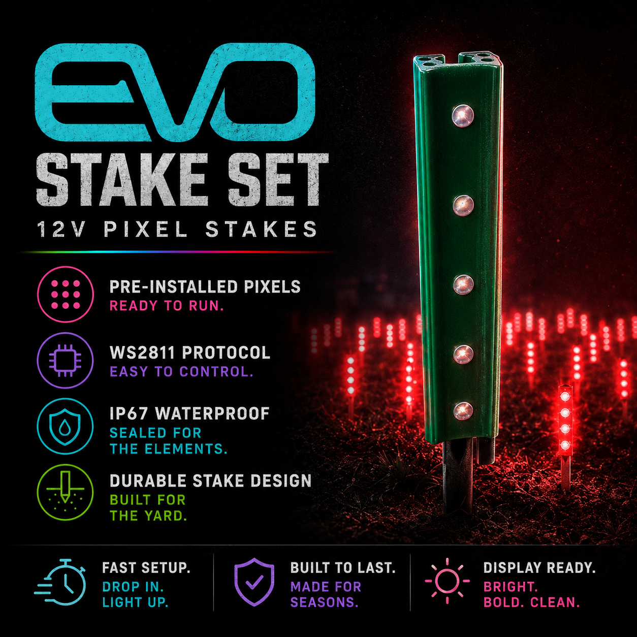 EVO Stake Set – Durable 12V Pixel Stakes with Pre-Installed EVO Pixels, WS2811 Protocol, IP67 Waterproof