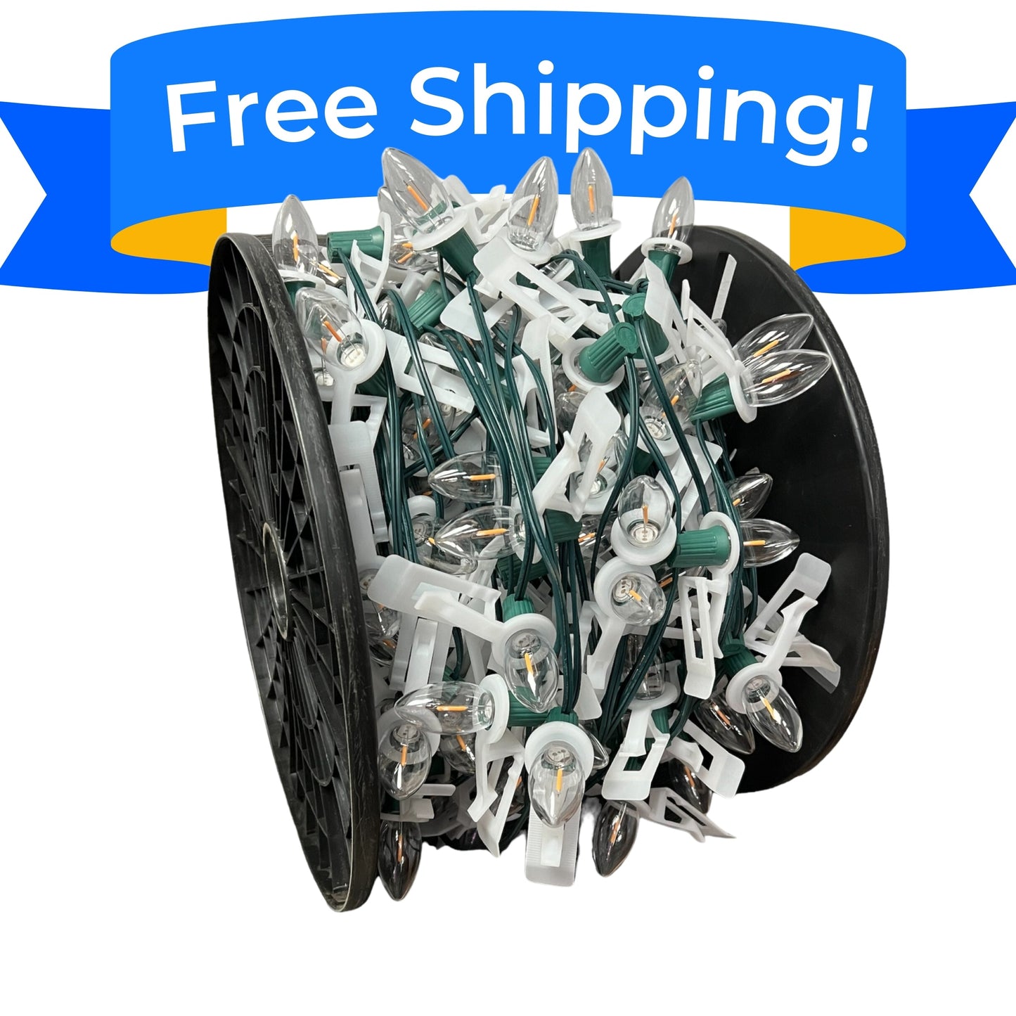 C9 Bulbed Sockets with Roof Clips: 250' 15" Spacing - Pallet of 22 - C9 Spool with Pre-Bulbed Certified C9 Bulbs with attached Roof Clips, SPT-1 Green Wire