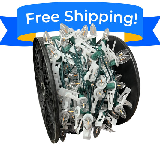 C9 Bulbed Sockets with Roof Clips: 250' 15" Spacing - Pallet of 22 - C9 Spool with Pre-Bulbed Certified C9 Bulbs with attached Roof Clips, SPT-1 Green Wire