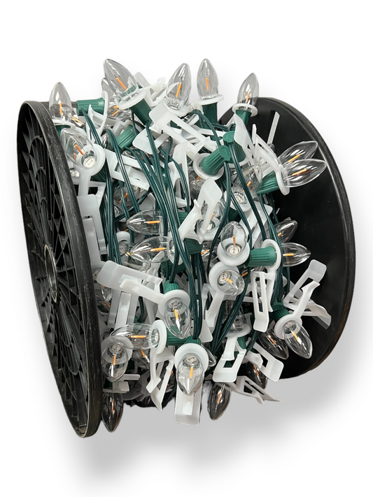 C9 Bulbed Sockets with Roof Clips: 250' 15" Spacing C9 Spool with Pre-Bulbed Certified C9 Bulbs with attached Roof Clips, SPT-1 Green Wire