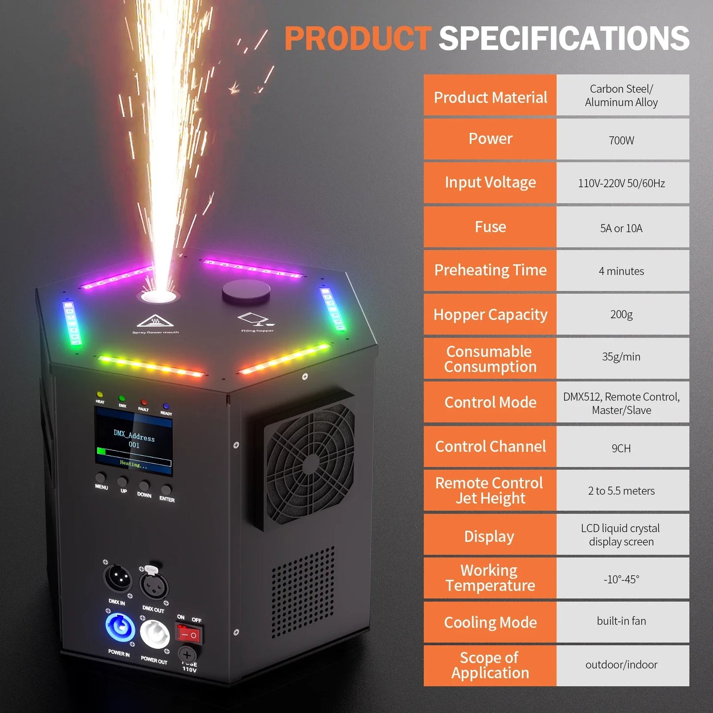 KC01 700W Hexagon Cold Spark Machine With RGB LED