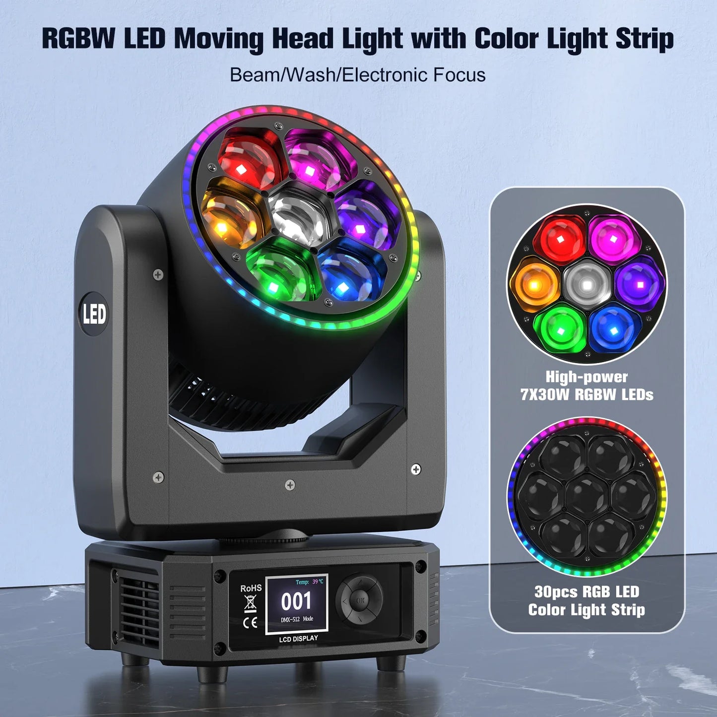 7X30W RGBW Mini Bee Eye Moving Head Wash Light With LED Strip